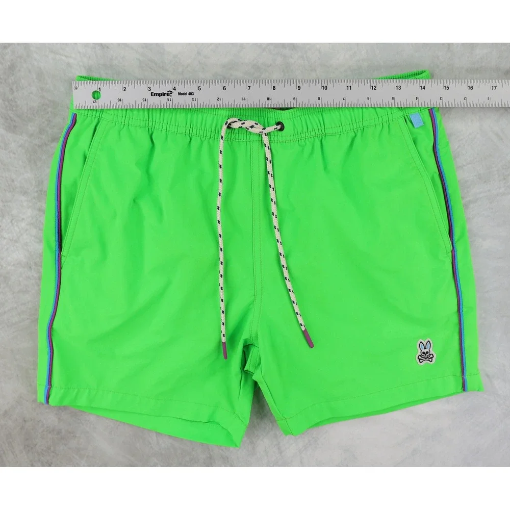 Psycho Bunny Swim Trunks Mens Small S Neon Green Piping Board Shorts Lined 5